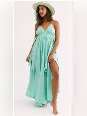 Free People RARE Tropical Heat Teal Layered Maxi Dress with Side Slit Small